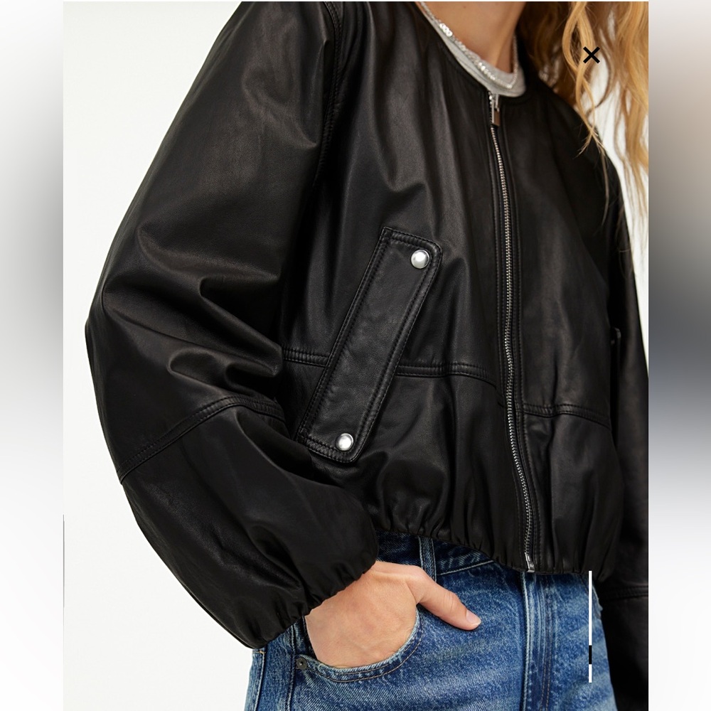 Madewell Black Cropped Leather Bomber Jacket - Picture 2 of 8